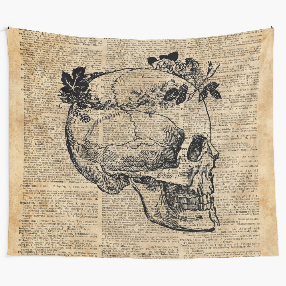 Skull in floral wreath ink drawing tapestry wall art, featuring a bohemian, gothic-inspired design.