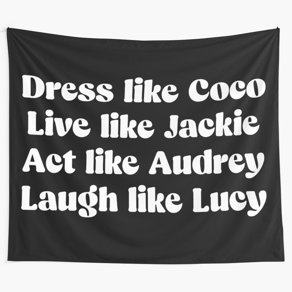 Inspirational tapestry with images and quotes of influential women like Coco Chanel, Jacqueline Kennedy, Audrey Hepburn, and Lucille Ball