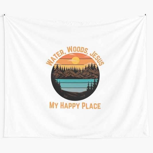 Scenic outdoor tapestry featuring water, woods, and Christian faith imagery