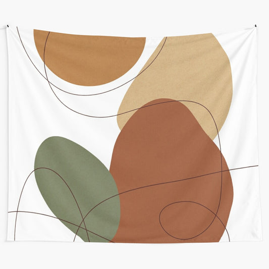 Earthy abstract mid-century modern tapestry with geometric shapes and pastel tones