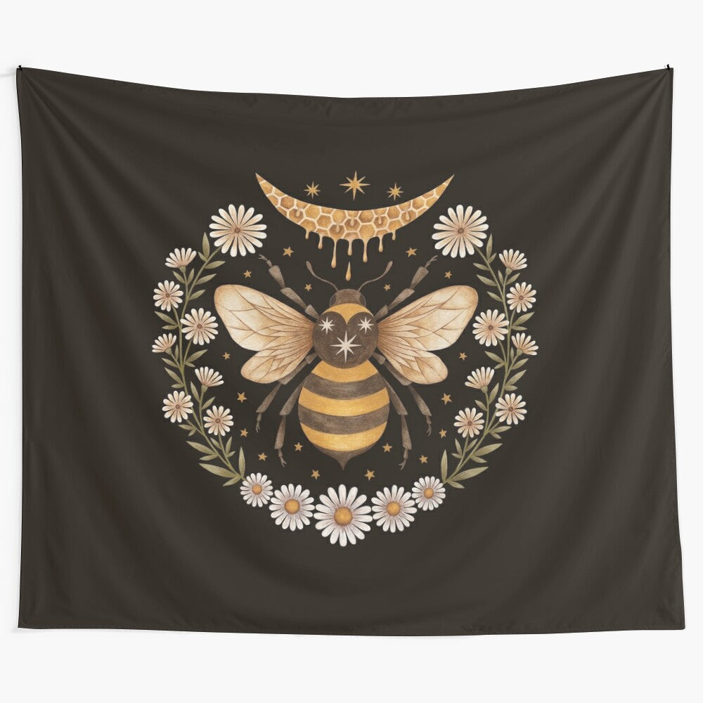 Honey Moon Tapestry featuring a magical design with bees, honeycomb, crescent moon, and floral elements