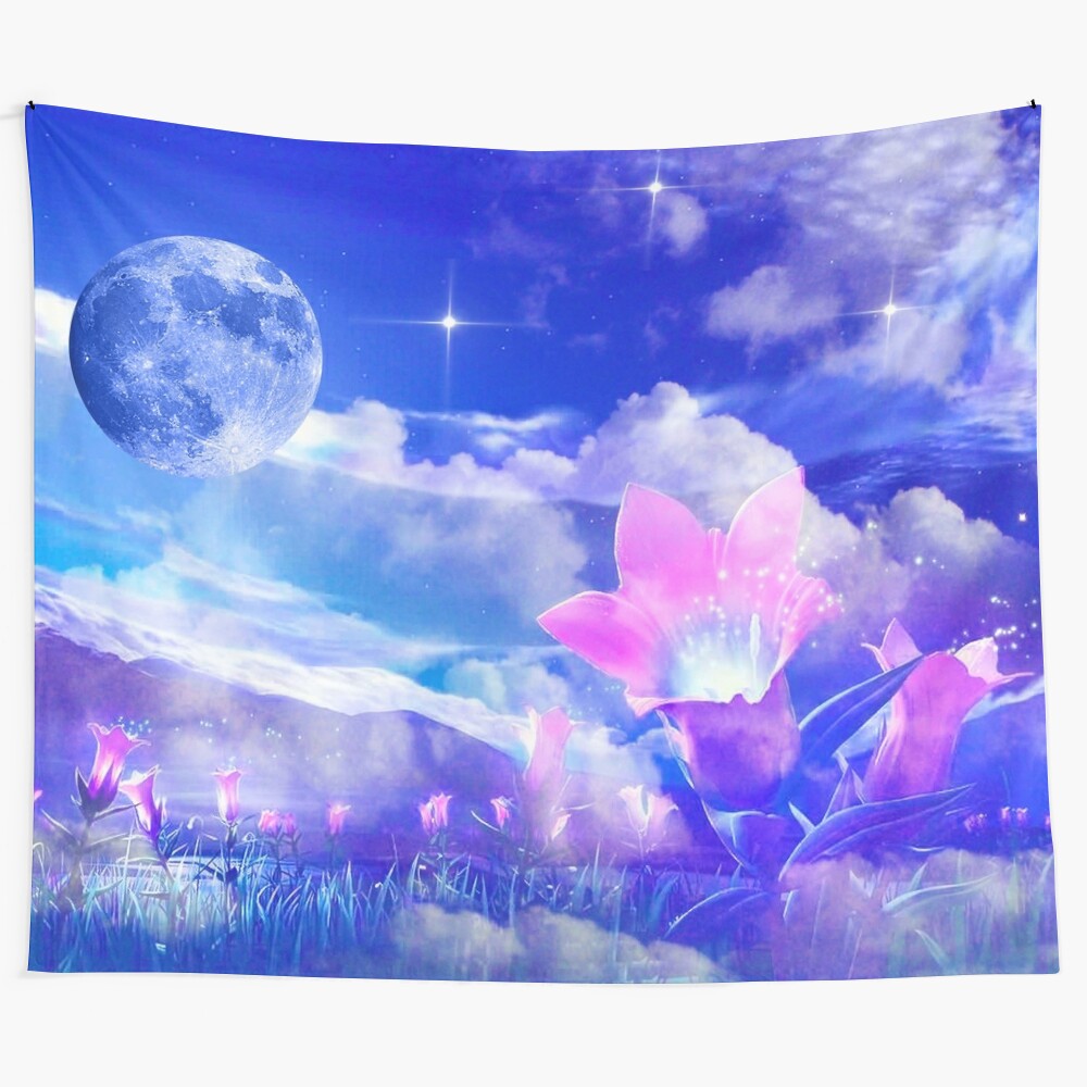 Mystical moon flower tapestry with abstract floral patterns and nature elements