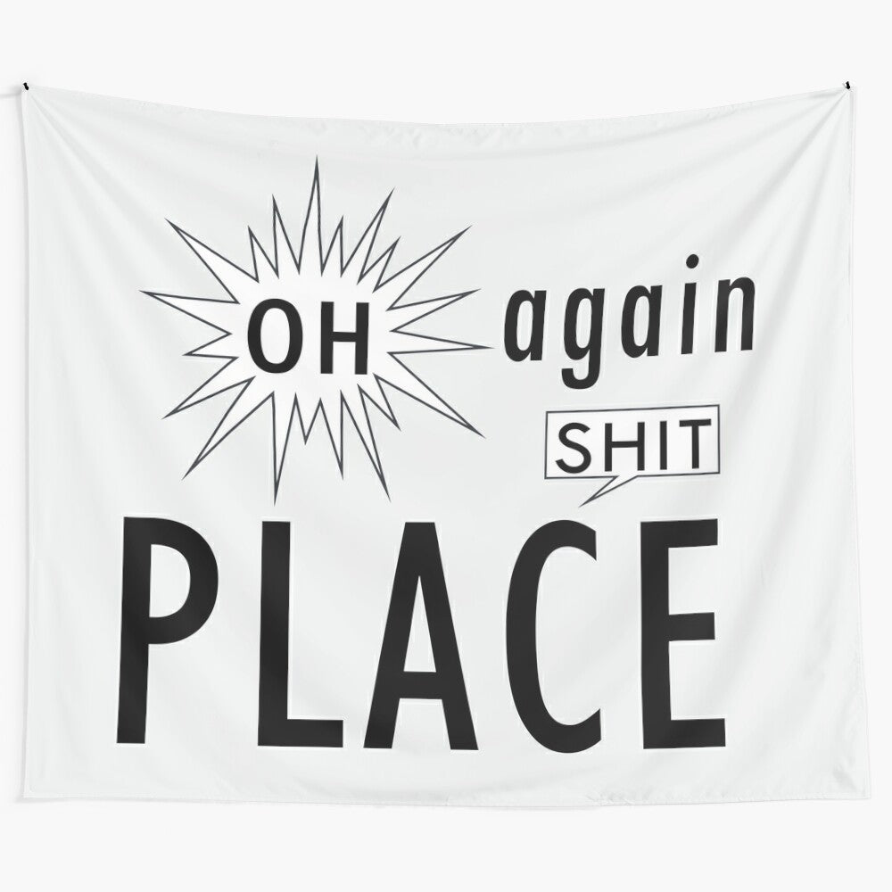 Tapestry featuring humorous office-themed typography design