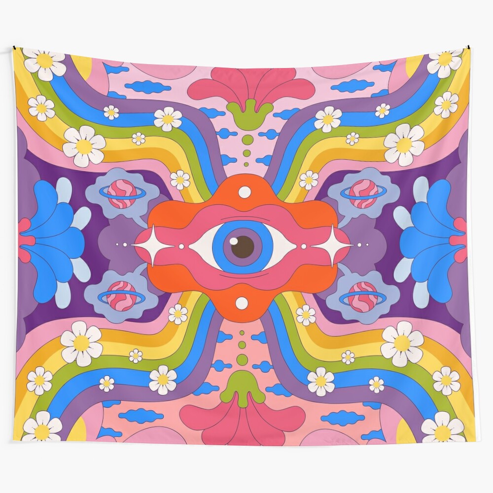 Retro psychedelic pattern tapestry with vibrant colors and trippy design