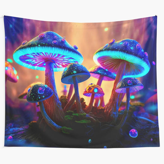 Vibrant neon mushroom tapestry with psychedelic, trippy design