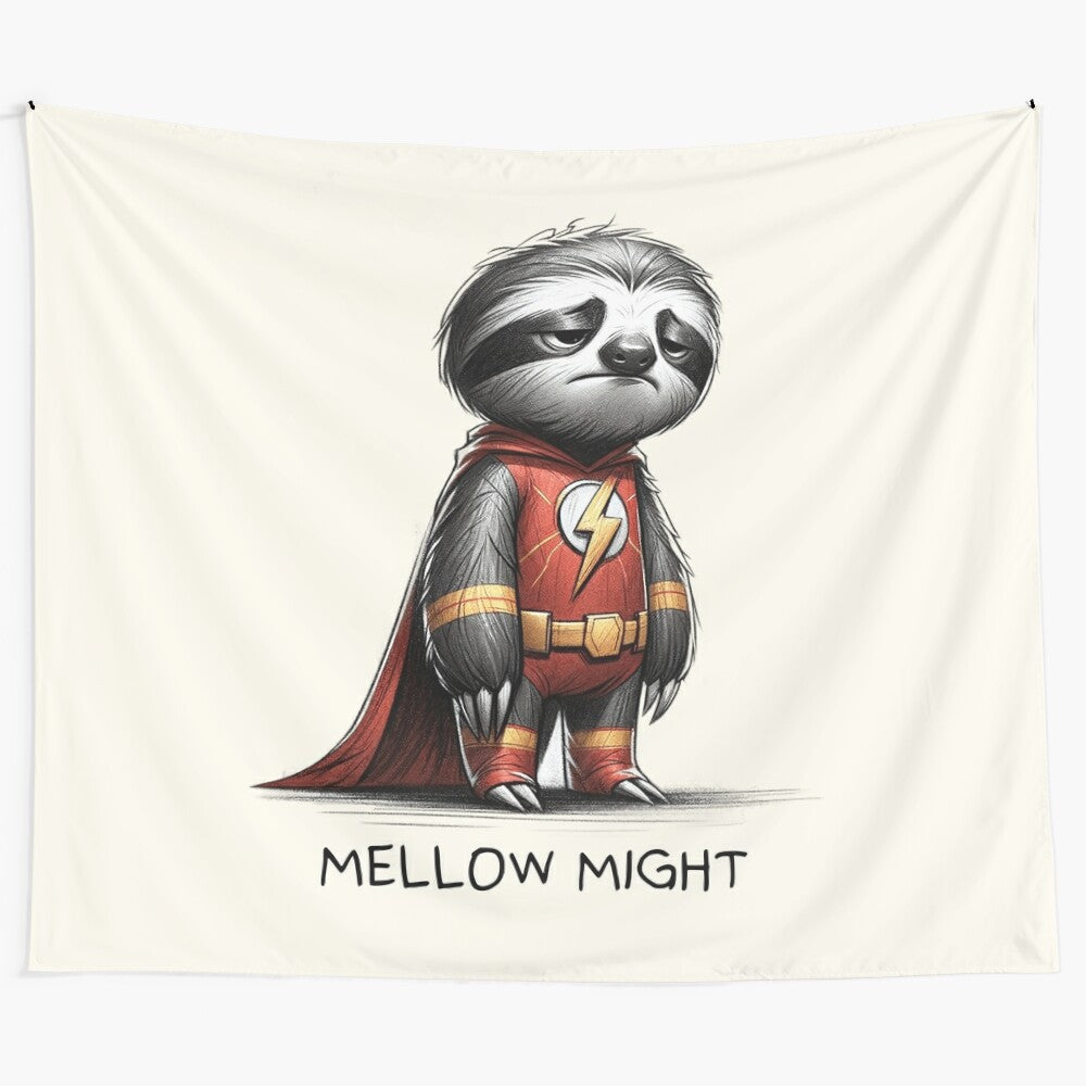 Whimsical illustration of a sloth superhero dressed in a flash costume