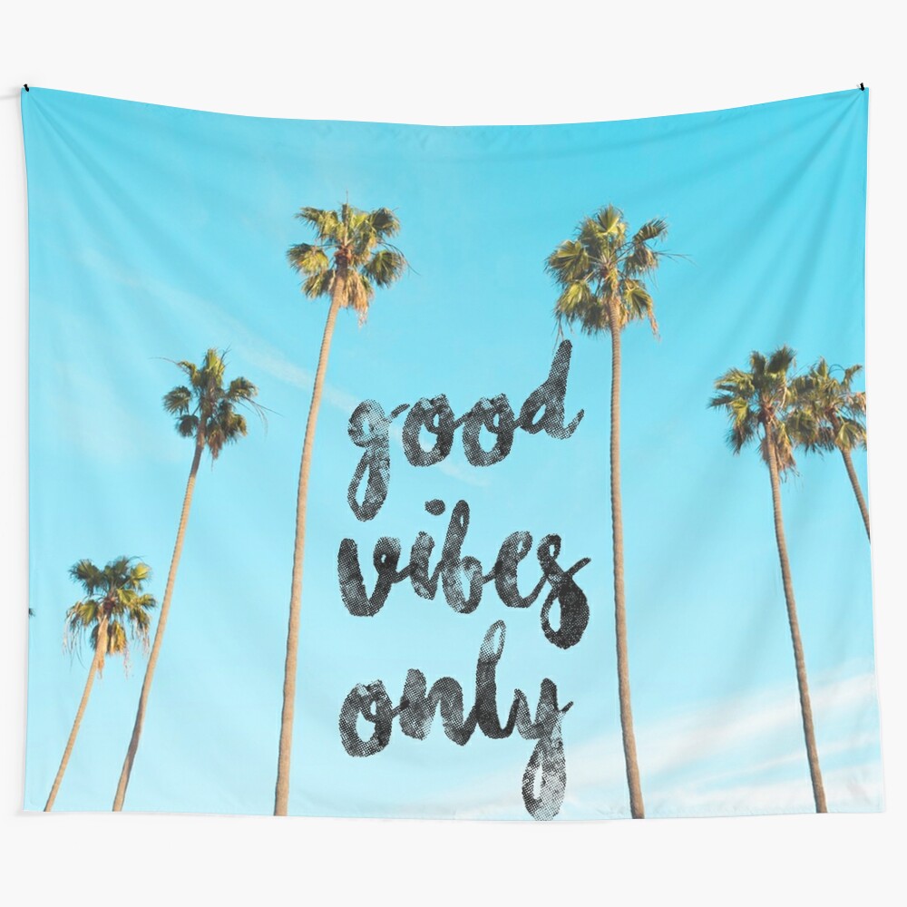 Vibrant LA-themed tapestry featuring palms, good vibes, and summer elements