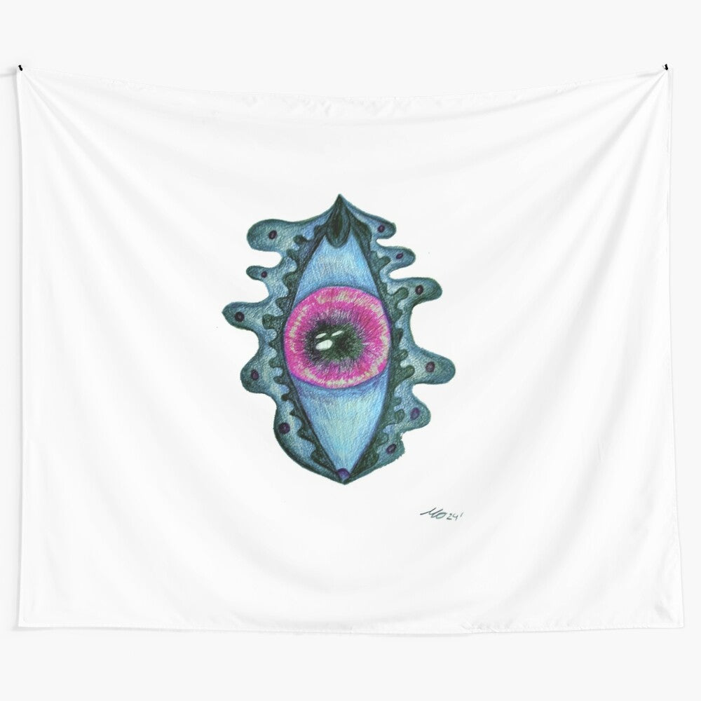 Blue eye tapestry with psychedelic, surreal design