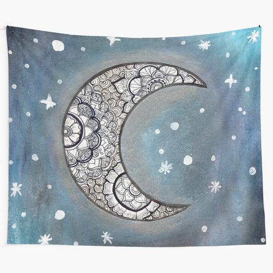 Intricate galaxy tapestry with moon, stars, and mountains