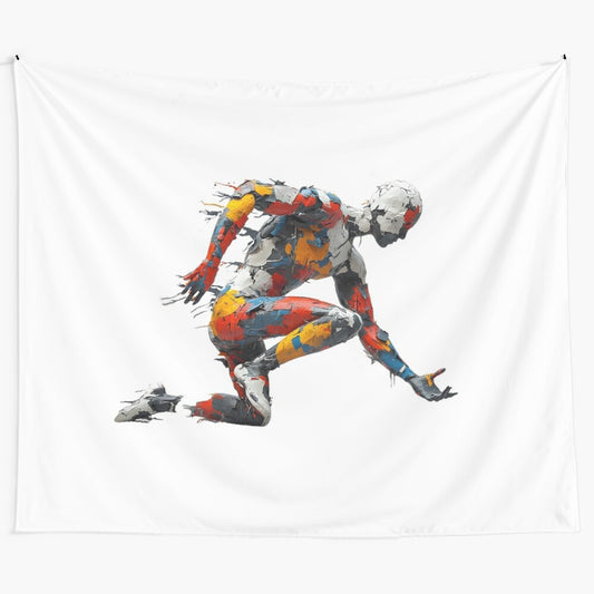 Abstract tapestry art design with disappearing athlete figure