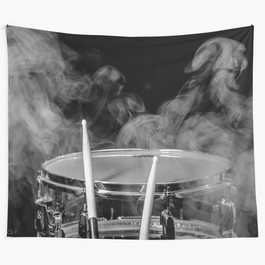 Monochrome "Smokin Beat" tapestry design featuring drums and drumsticks