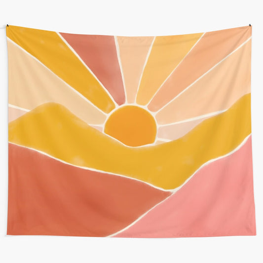 Boho sunset mountain tapestry depicting a vibrant watercolor landscape