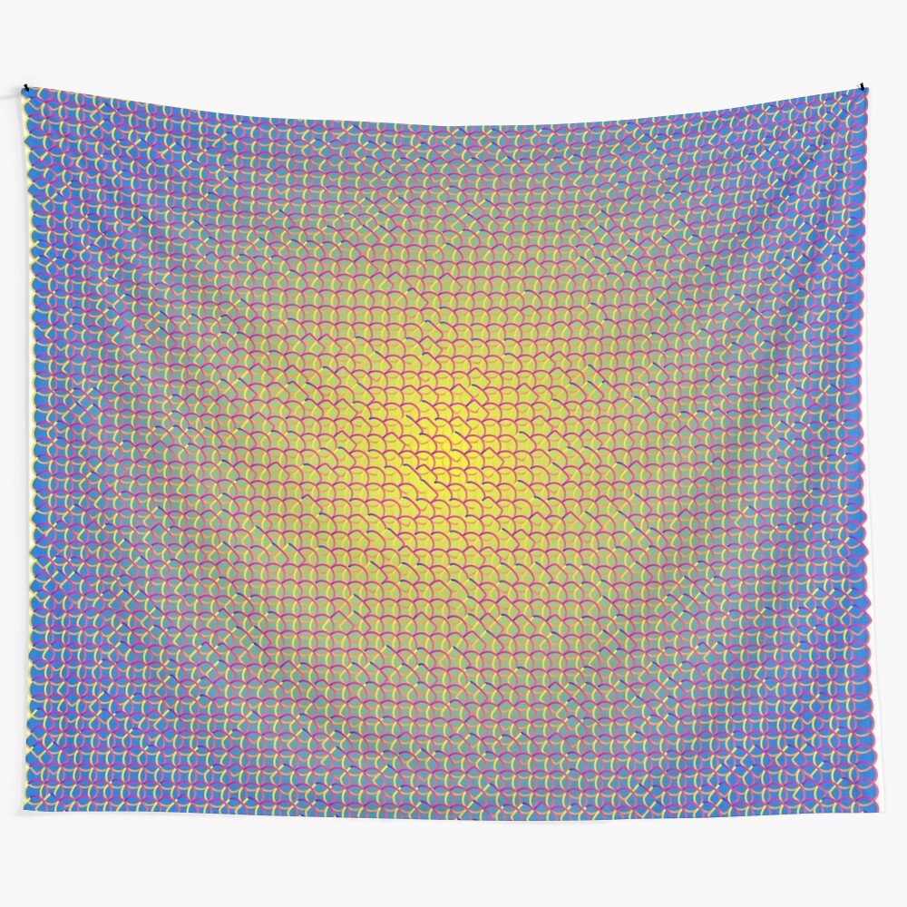 Interlocking muons shielding the sun in a colorful, abstract, and geometric tapestry design