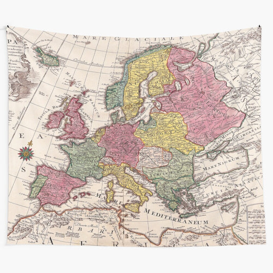 Vintage style world map tapestry featuring an antique, historical map design