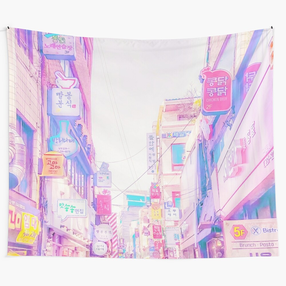 Vaporwave-style tapestry featuring an anime-inspired cityscape with neon lights and pastel colors