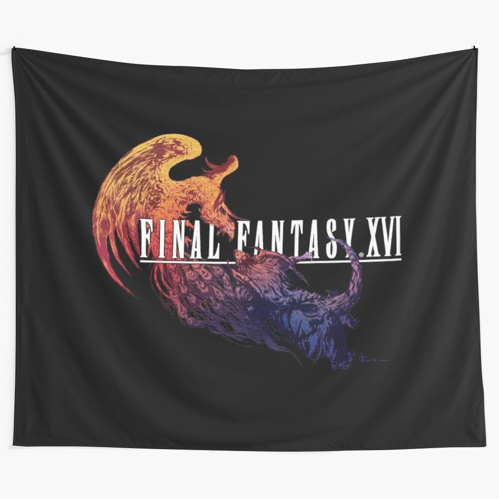 Vintage-style tapestry featuring characters and imagery from the Final Fantasy XVI video game