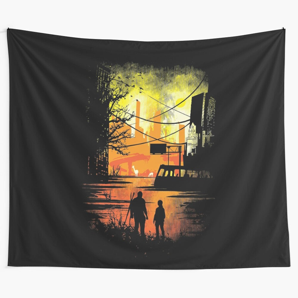 Sole Survivors Tapestry - A captivating horror-themed tapestry featuring post-apocalyptic scenery and eerie creatures