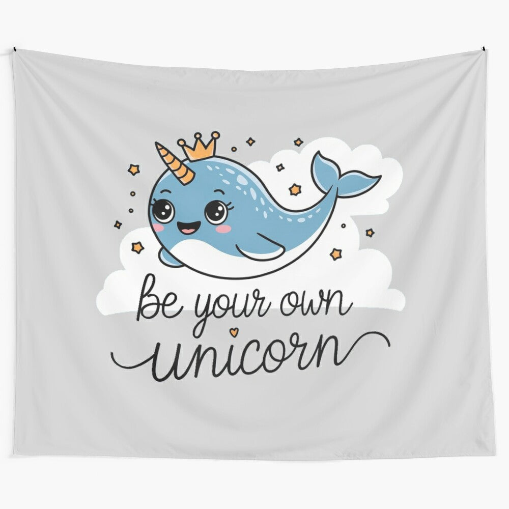 Whimsical narwhal illustration tapestry with a unicorn-inspired design