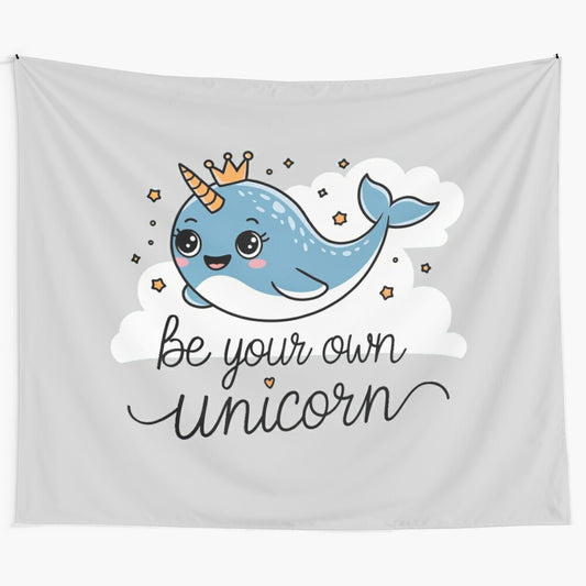 Whimsical narwhal illustration tapestry with a unicorn-inspired design