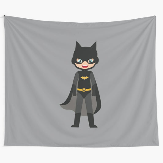 Cute superhero kids and bat superhero comic art tapestry