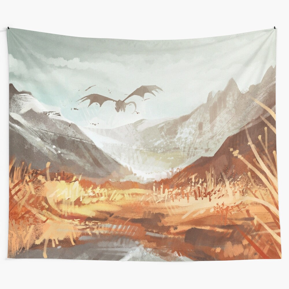 Stunning mountain tapestry featuring a majestic dragon in a snowy, fantasy landscape