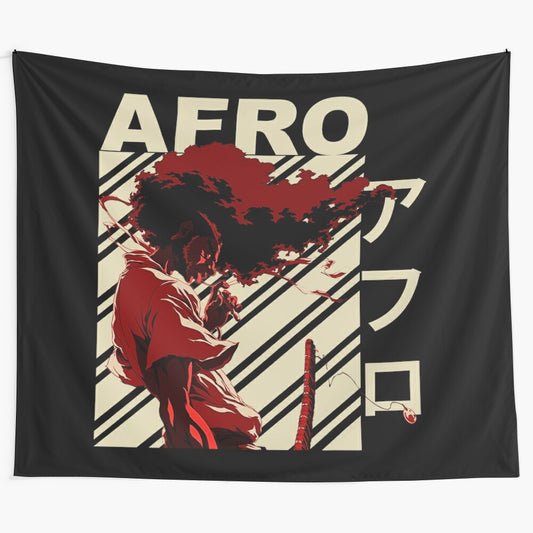 Vintage-style Afro Samurai inspired tapestry with ninja and anime elements