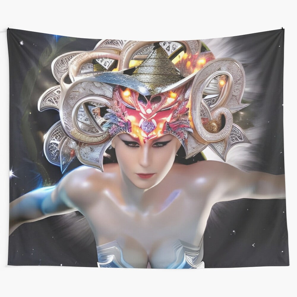 Space goddess tapestry featuring a colorful, abstract, and cosmic design