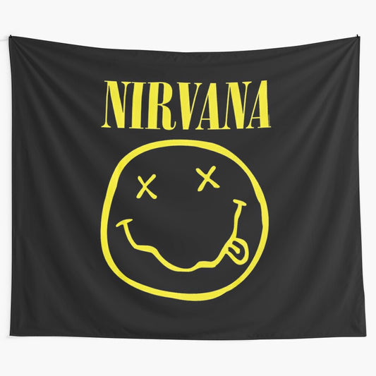 Vintage-inspired nirvana tapestry with yellow happy face and grunge rock aesthetic