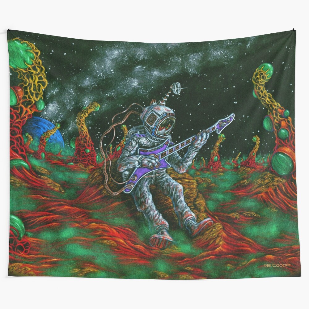 Tapestry depicting a musical scene with guitars, space, and fantasy elements