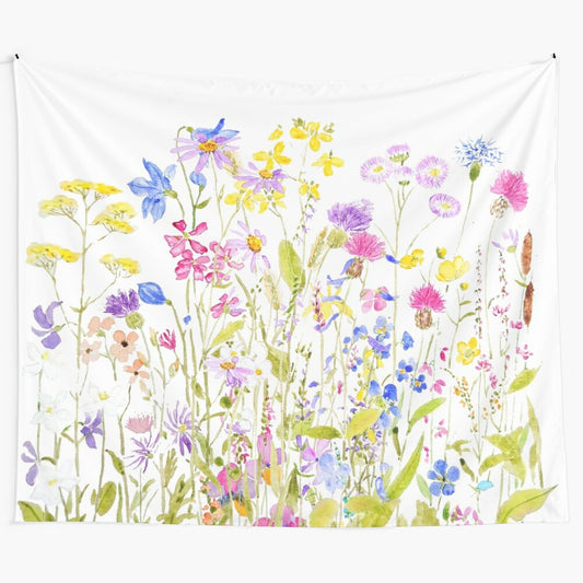 Colorful hand-painted meadow tapestry with wildflowers and a minimalist watercolor design