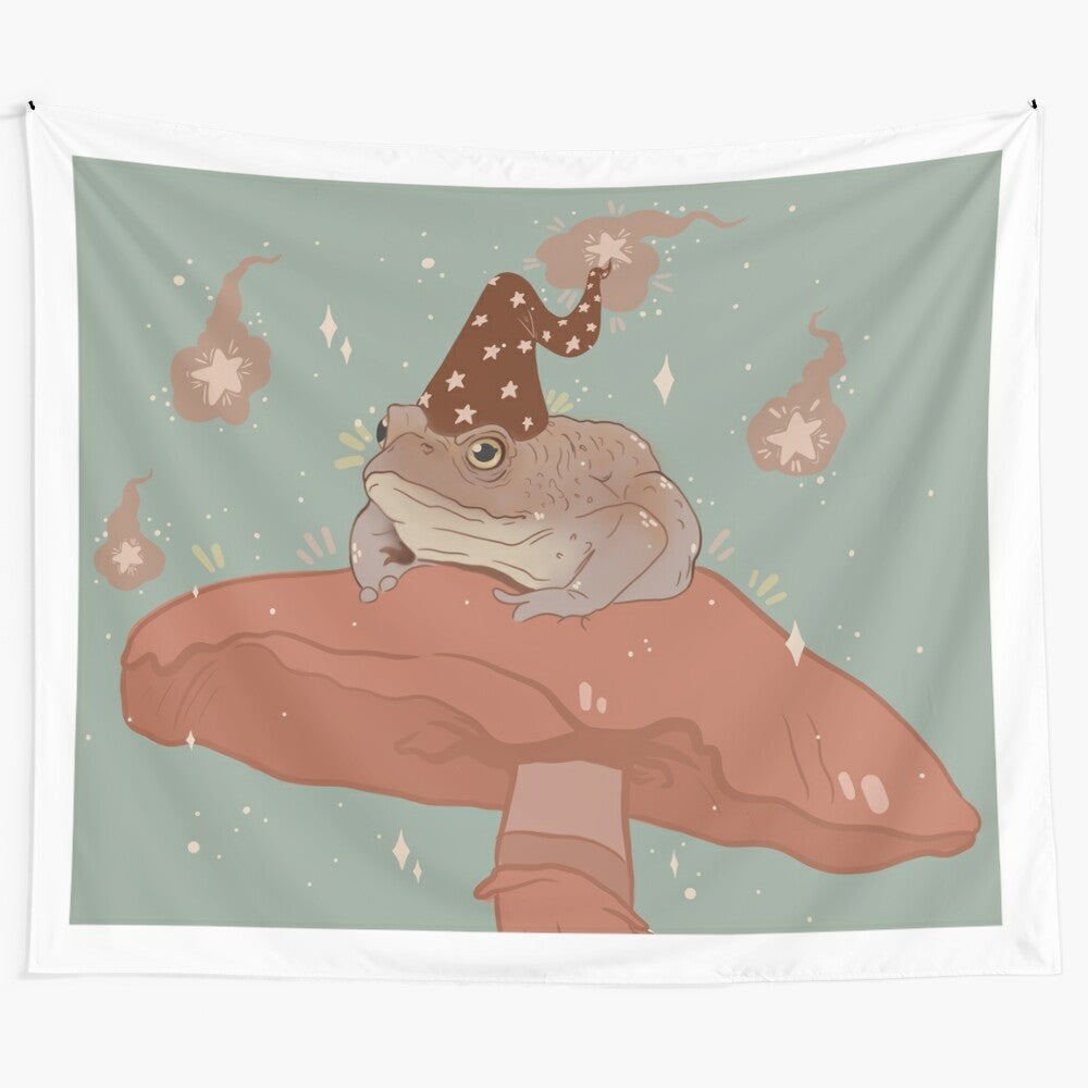 Whimsical froggy tapestry with mushrooms, stars, and a mystical ambiance