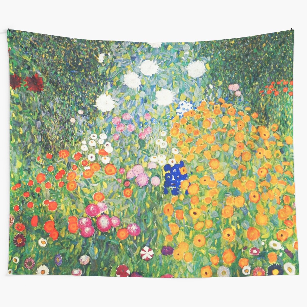 Gustav Klimt inspired tapestry featuring a colorful floral garden design