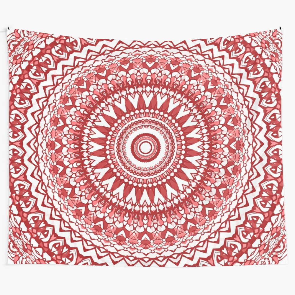 Cranberry red mandala tapestry with kaleidoscopic design