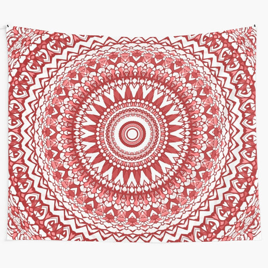 Cranberry red mandala tapestry with kaleidoscopic design