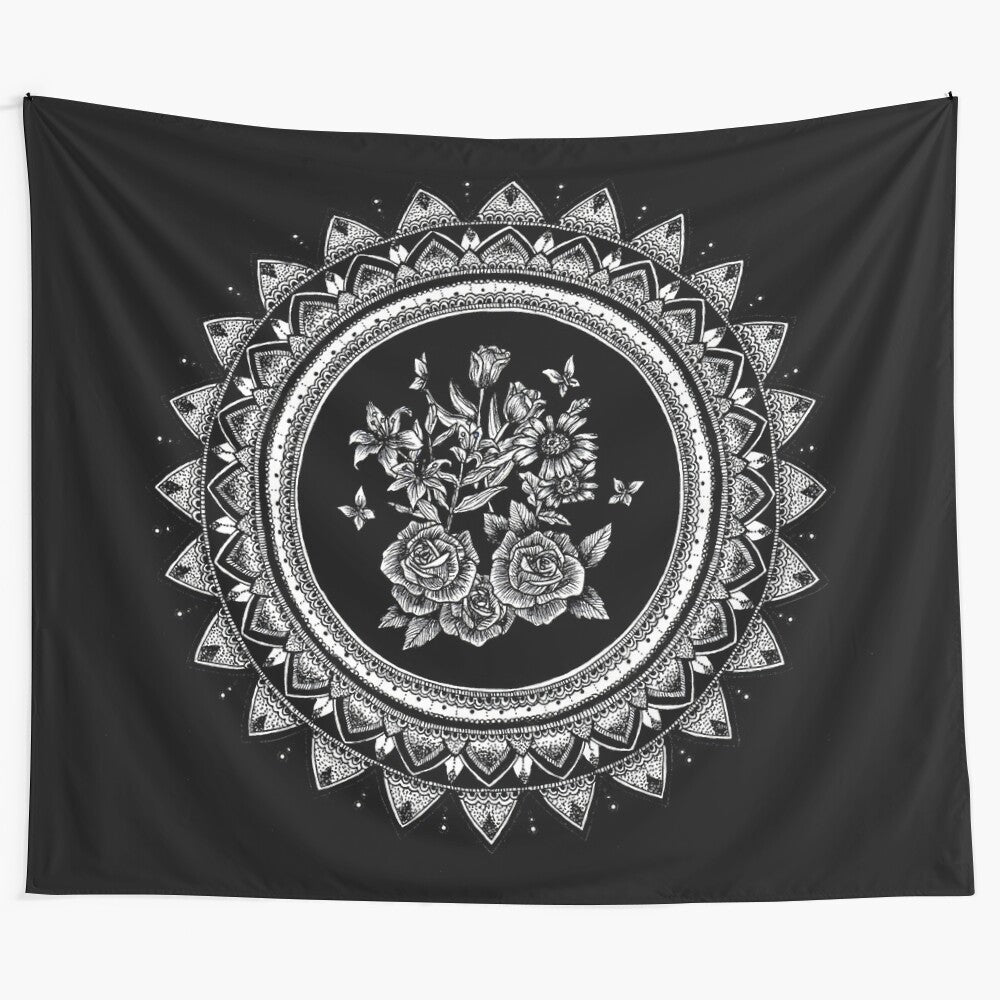 Bouquet Mandala Tapestry - Detailed black and white floral design