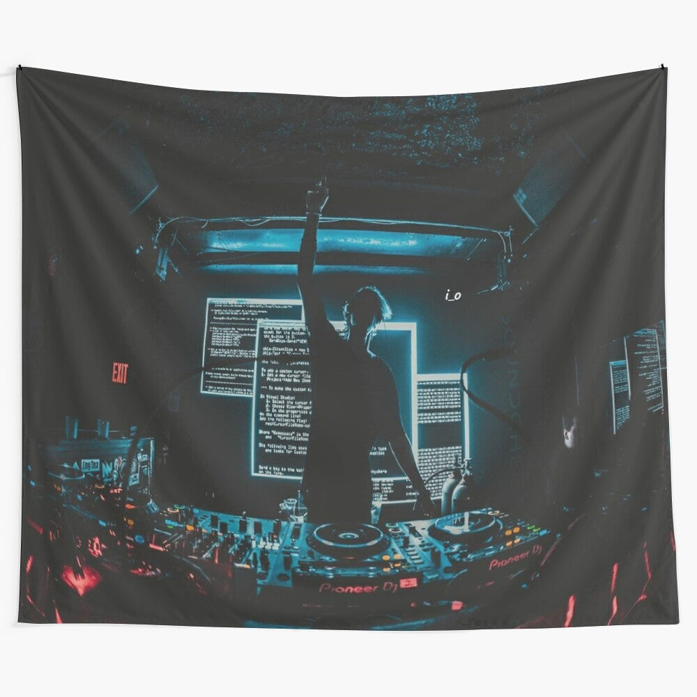 Tapestry featuring i_o's dark electronic music and cyberpunk-inspired imagery