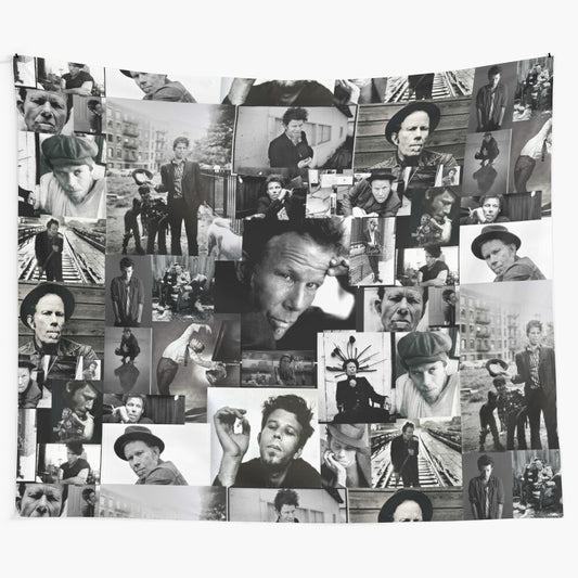 Vintage-style tapestry featuring a photo collage design of singer-songwriter Tom Waits