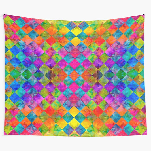 Colorful, psychedelic tie-dye harlequin pattern tapestry