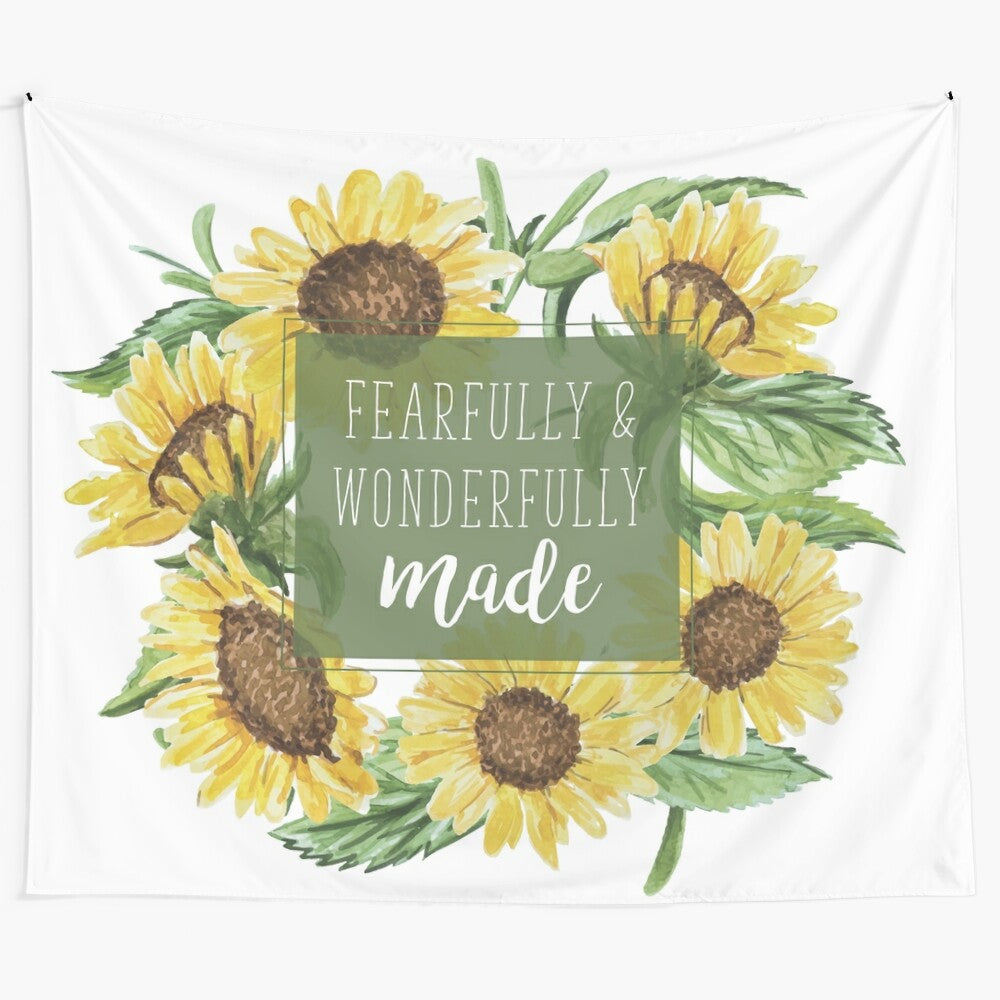 Fearfully and wonderfully made floral tapestry with sunflowers and Bible verse