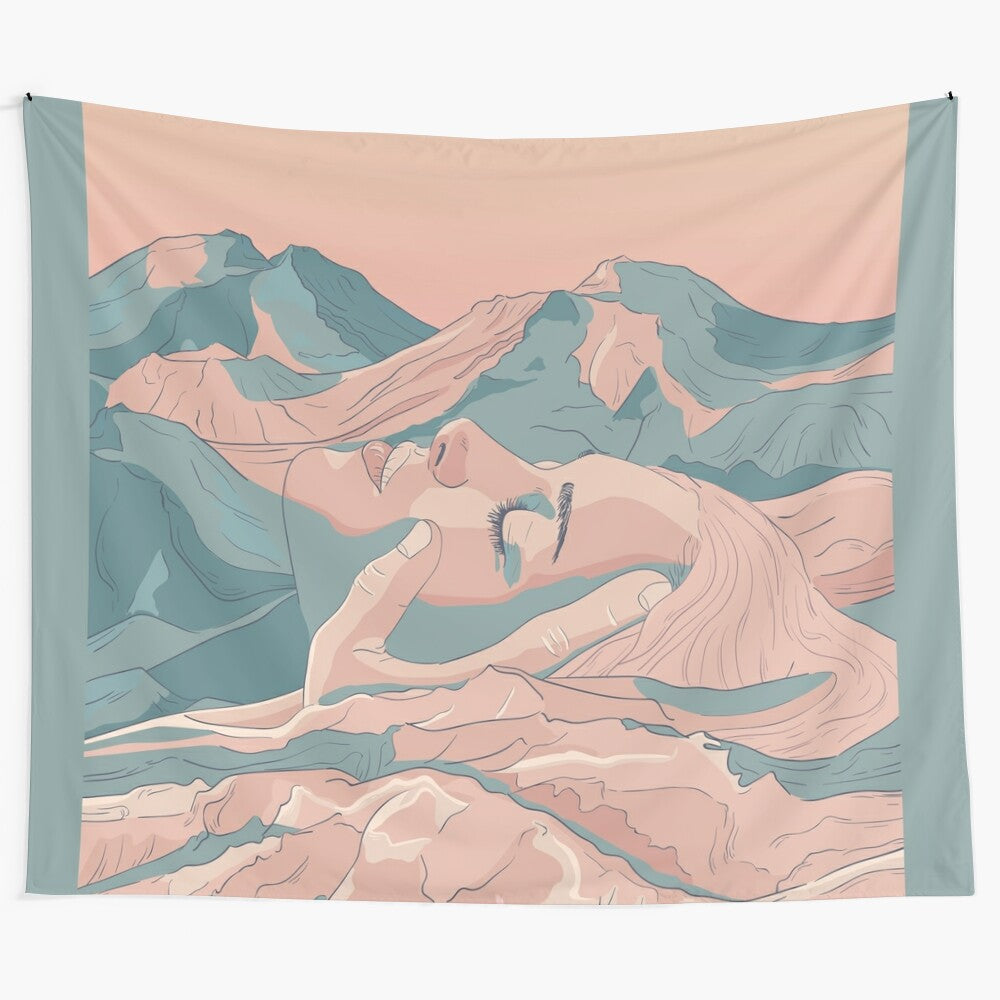 Surreal mountain landscape tapestry featuring a woman's face in the mountains