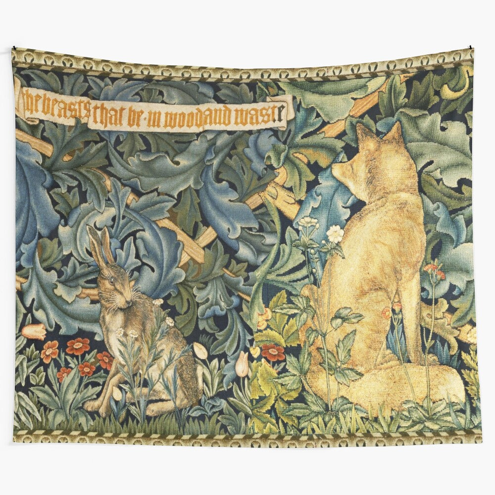 Colorful floral tapestry with foxes, hares, and lush greenery