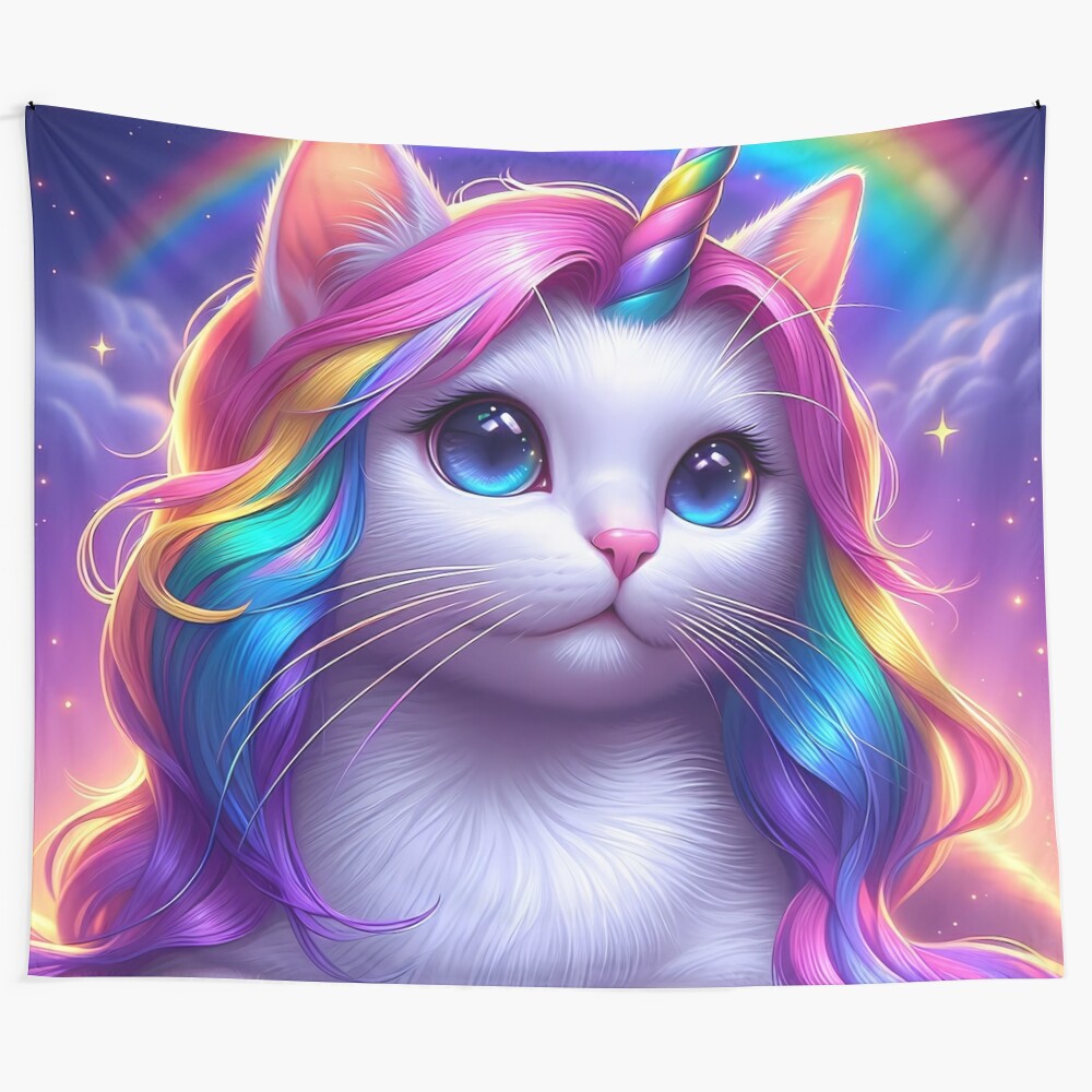 Whimsical fantasy cat with rainbow unicorn horn tapestry