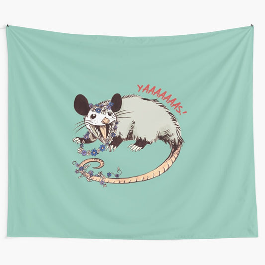 Whimsical tapestry featuring a daisy chain with opossums (possums)