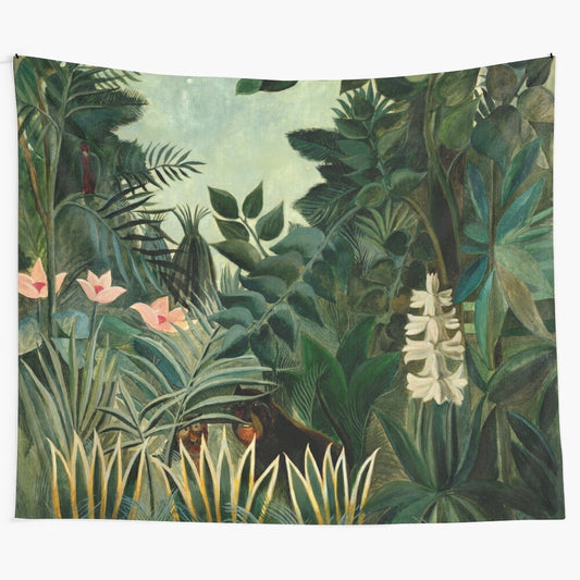 Equatorial jungle tapestry featuring lush tropical foliage and vibrant flowers