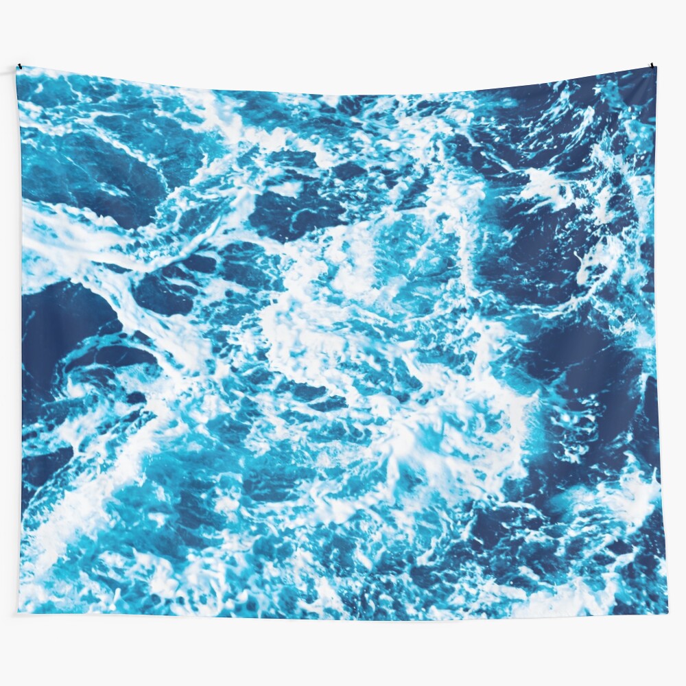 Turquoise ocean wave tapestry with electric marbled seas design