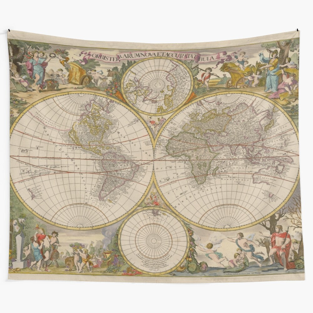 Vintage-style world map tapestry featuring historical cartography