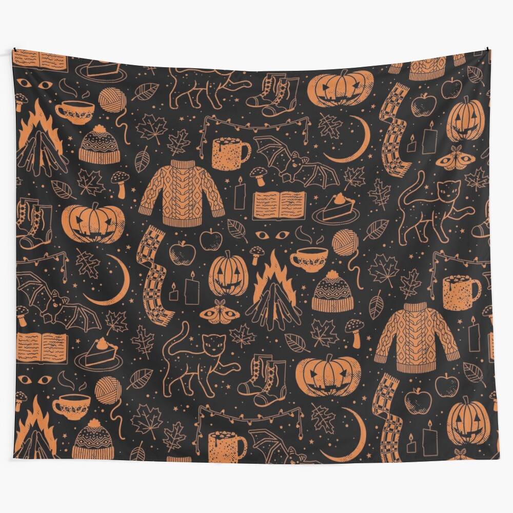 Spooky and cozy autumn nights tapestry with witches, black cats, and fall foliage