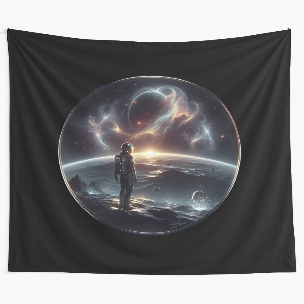 Cosmic tapestry featuring an astronaut in a futuristic space scene with planets, stars, and a nebula