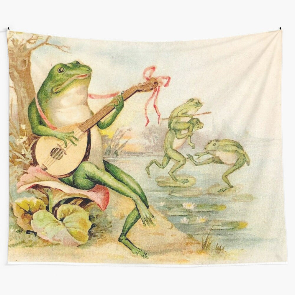 Vintage abstract tapestry featuring a whimsical frog playing a musical instrument