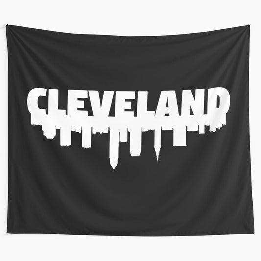 Black and white graphic design of the Cleveland, Ohio skyline on a tapestry